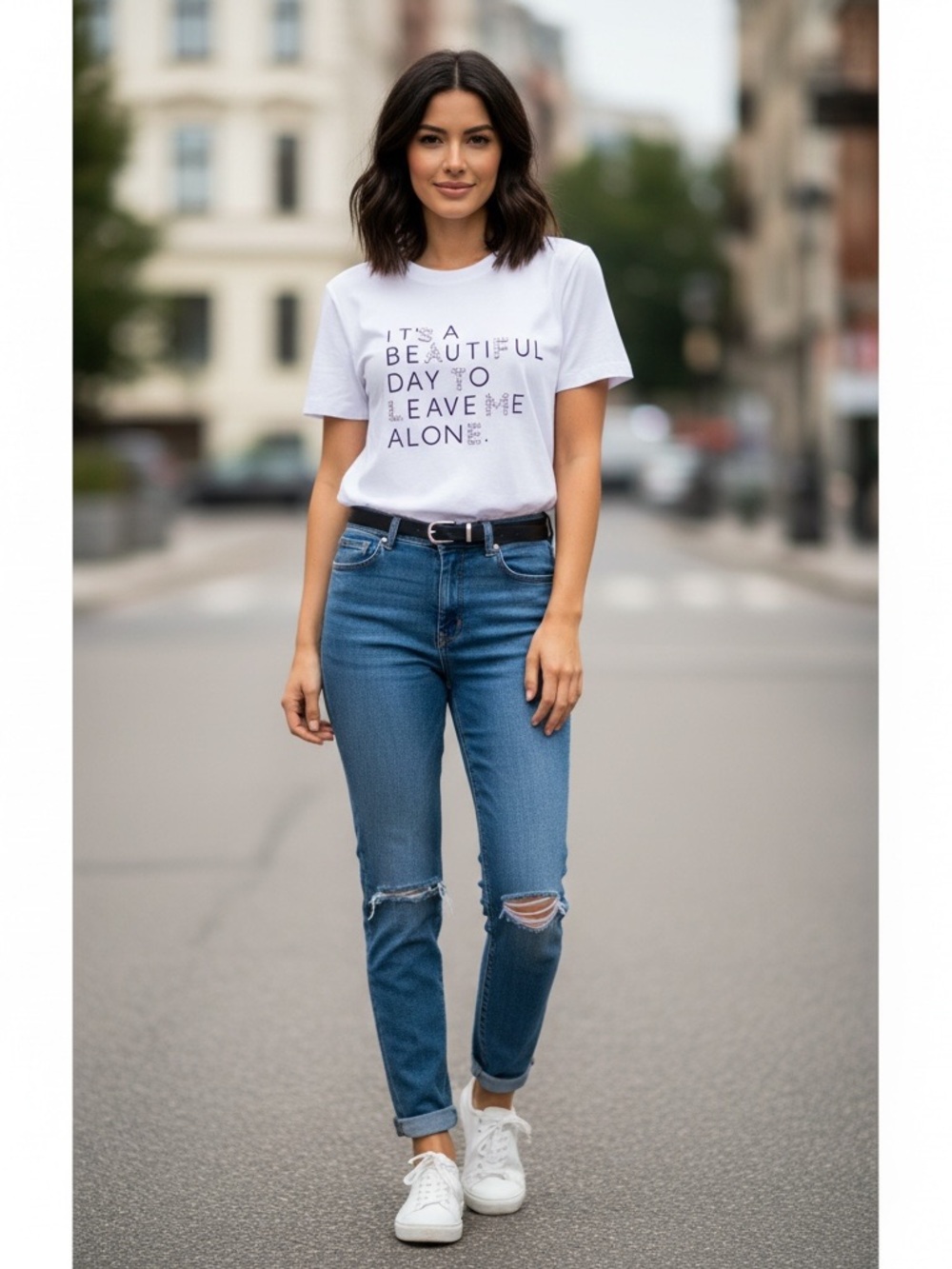 White y-shirt with Text with some letters embellished with rhinestones size L.